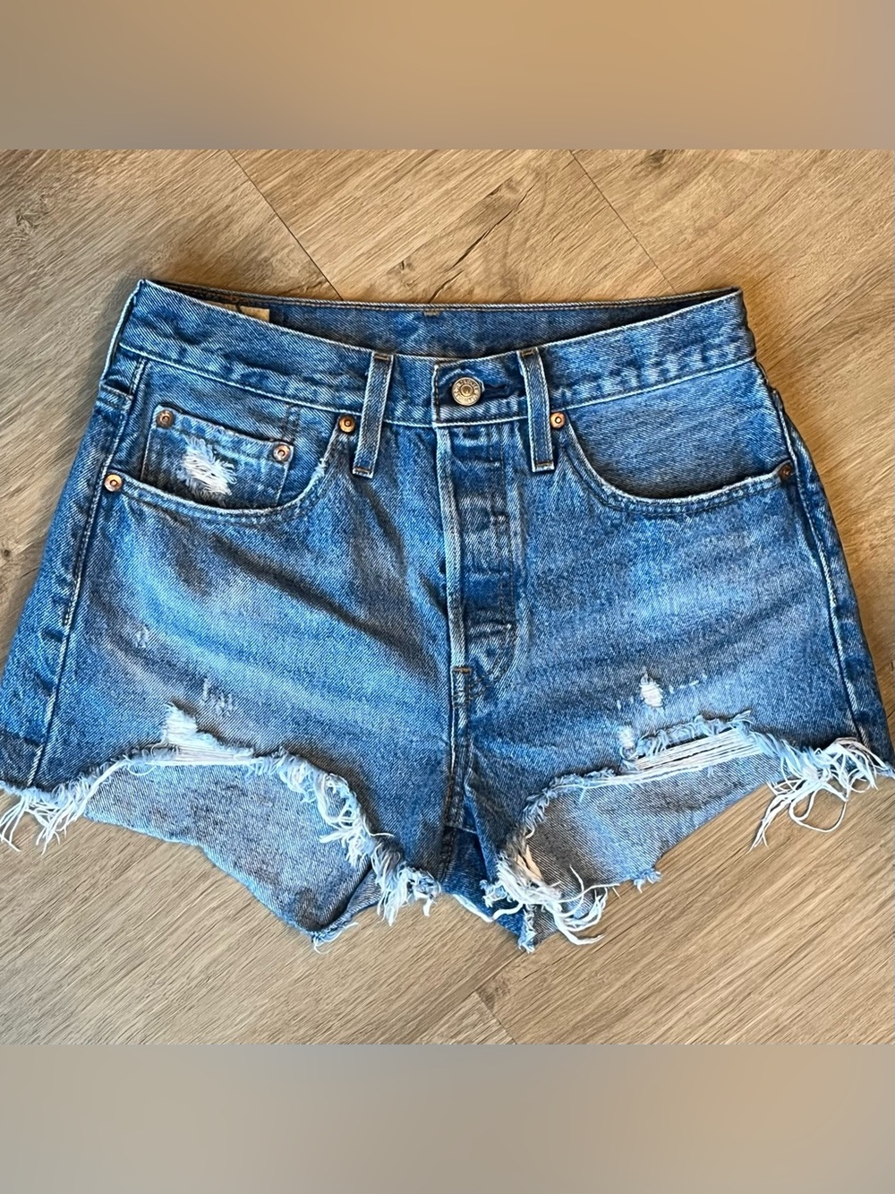 Levi's Premium 501 Original High Rise Distressed Jean Shorts Size 27 Medium Wash